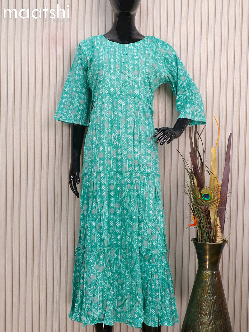 Rayon readymade umbrella kurti teal blue with allover prints without pant