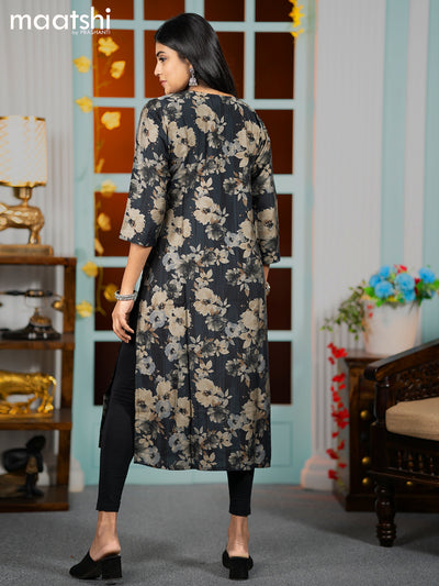 Modal readymade A-line kurti dark elephant grey with allover floral prints & embroidery neck pattern without pant