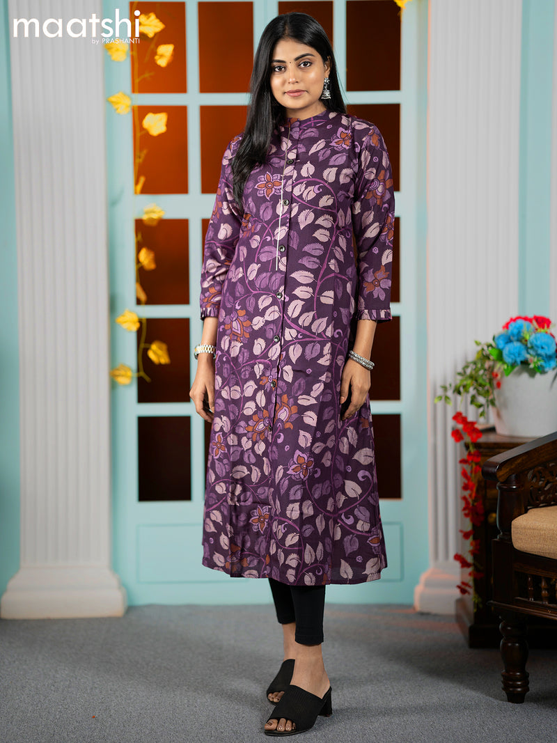 Modal readymade A-line kurti deep purple with allover kalamkari prints without pant