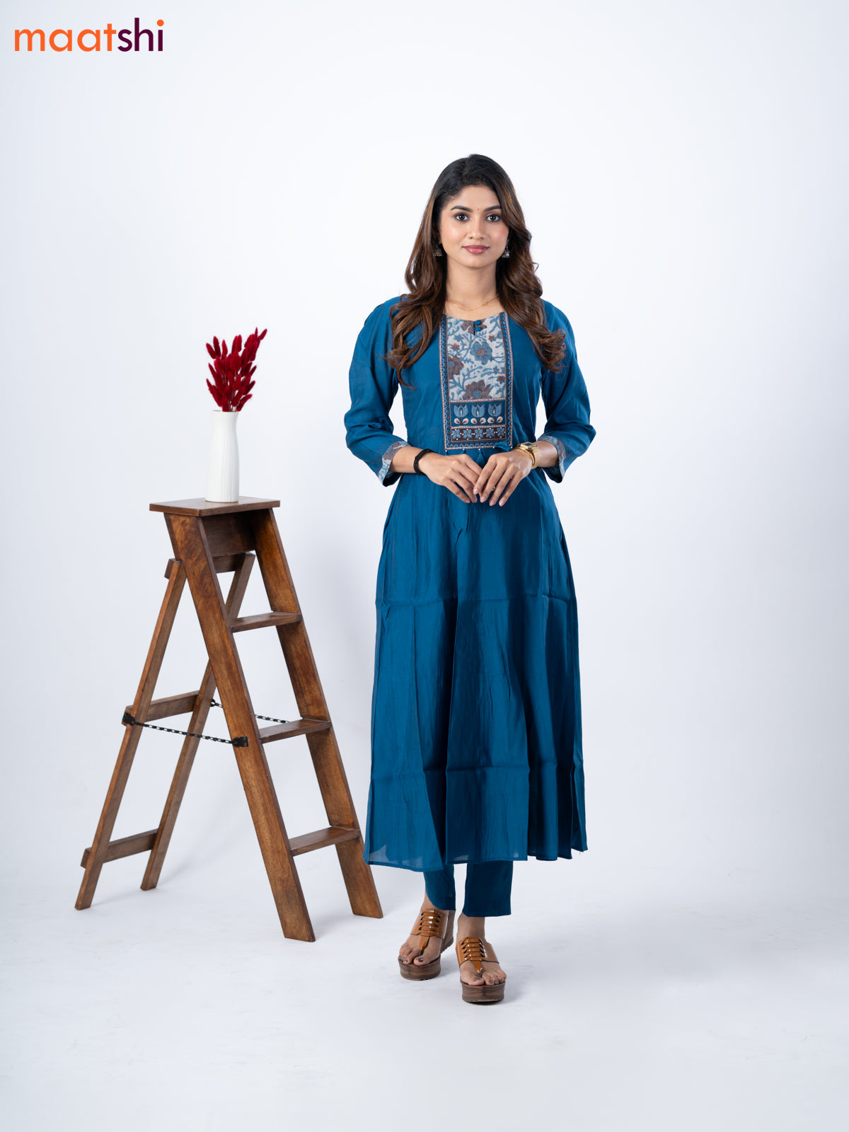 Muslin umbrella kurti peacock blue with embroidery work neck pattern and straight cut pant