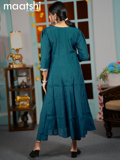Muslin readymade umbrella kurti peacock blue with embroidery work neck pattern and straight cut pant