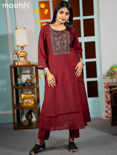 Muslin readymade umbrella kurti maroon with embroidery work neck pattern and straight cut pant