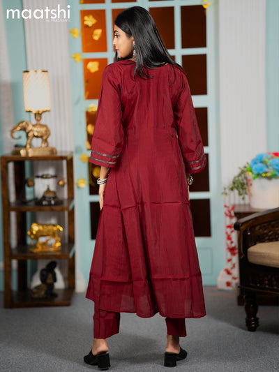 Muslin readymade umbrella kurti maroon with embroidery work neck pattern and straight cut pant