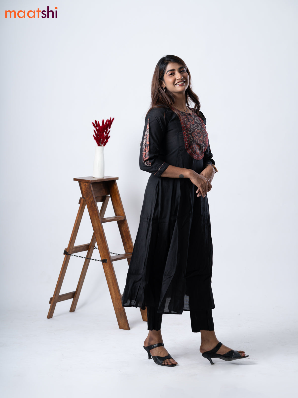 Muslin umbrella kurti black with embroidery work neck pattern and straight cut pant