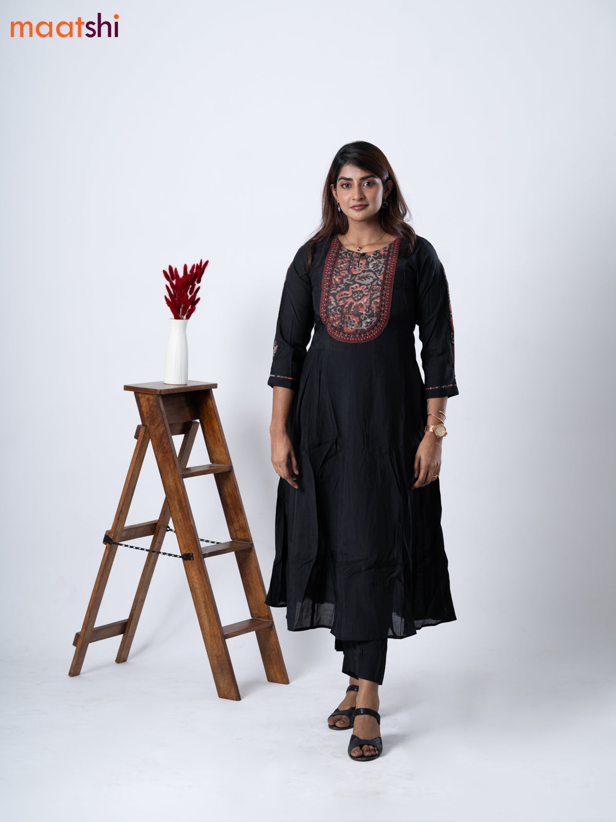 Muslin umbrella kurti black with embroidery work neck pattern and straight cut pant