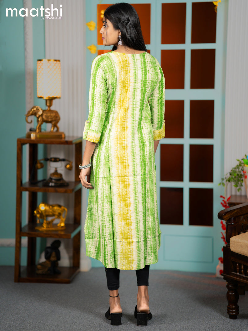 Rayon readymade A-line kurti green and lime green with allover batik prints & simple neck pattern without pant