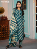 Modal salwar suit peacock blue with butta prints & simple neck pattern and straight cut pant & dupatta