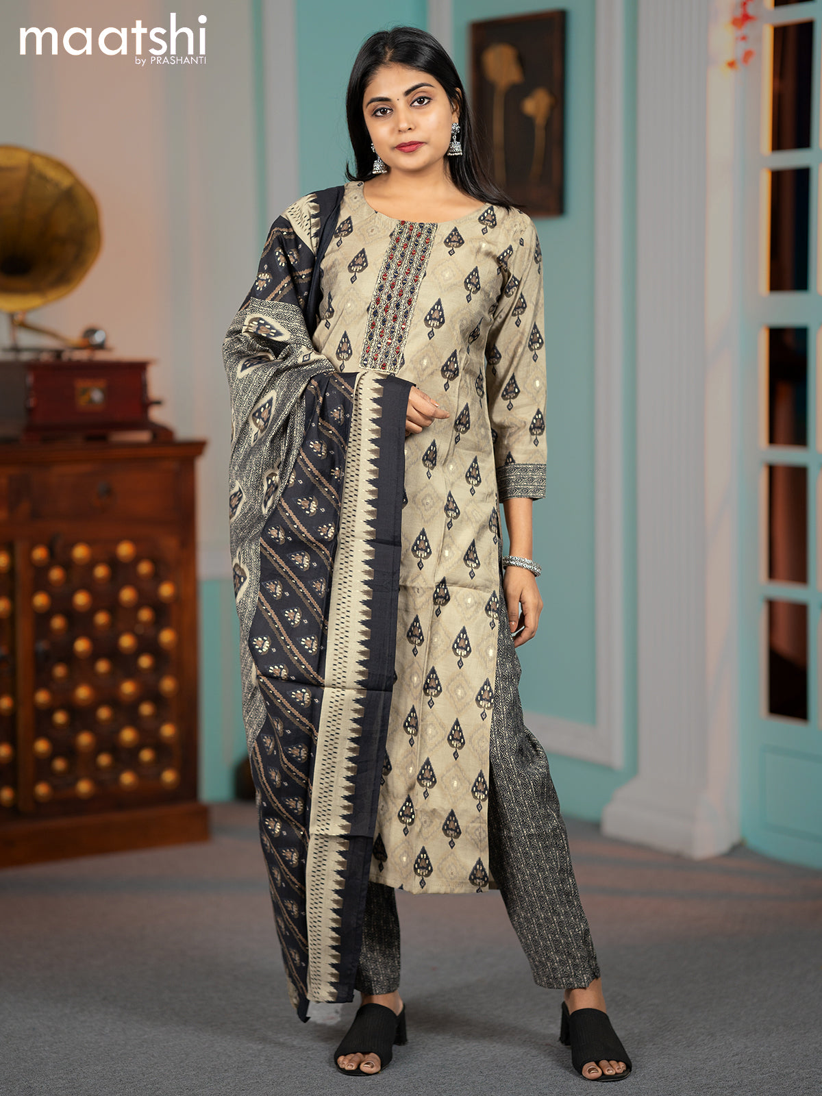 Modal salwar suit grey and black with ikat butta prints & mirror work neck pattern and straight cut pant & dupatta