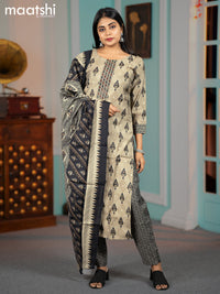 Modal salwar suit grey and black with ikat butta prints & mirror work neck pattern and straight cut pant & dupatta