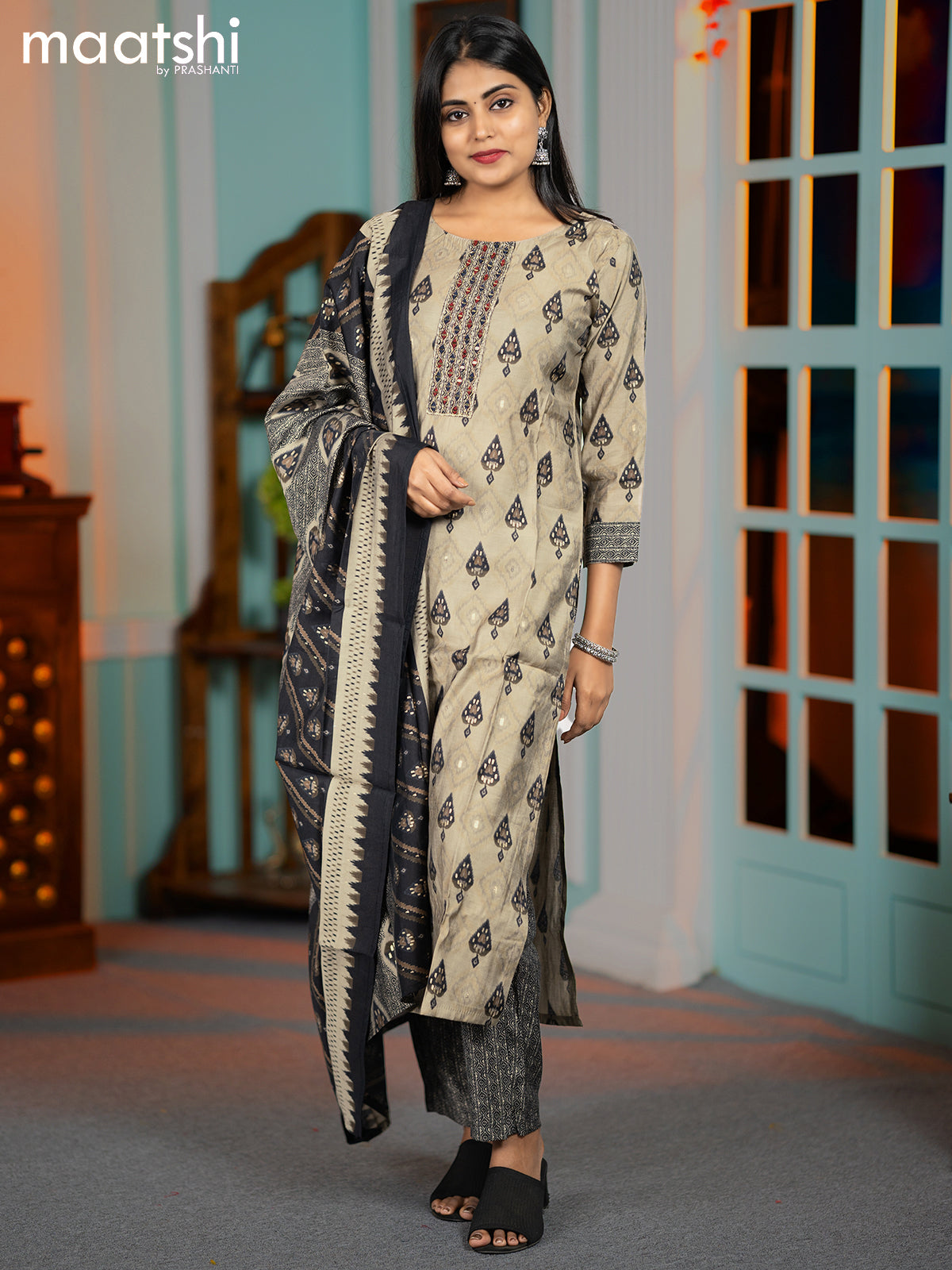 Modal salwar suit grey and black with ikat butta prints & mirror work neck pattern and straight cut pant & dupatta