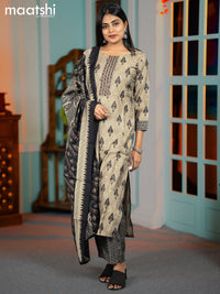 Modal salwar suit grey and black with ikat butta prints & mirror work neck pattern and straight cut pant & dupatta