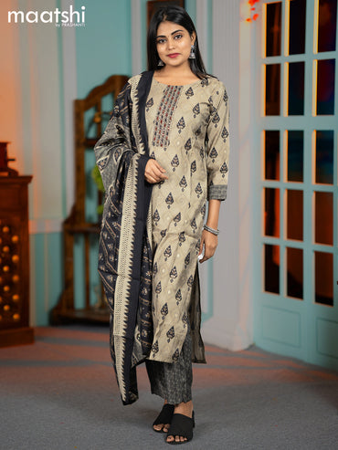 Modal salwar suit grey and black with ikat butta prints & mirror work neck pattern and straight cut pant & dupatta