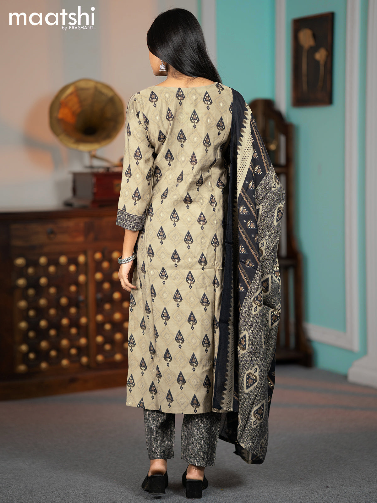 Modal salwar suit grey and black with ikat butta prints & mirror work neck pattern and straight cut pant & dupatta