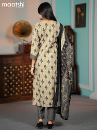 Modal salwar suit grey and black with ikat butta prints & mirror work neck pattern and straight cut pant & dupatta