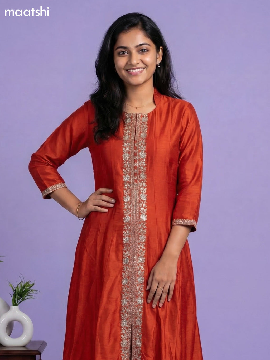 Orange Semi Tussar Sequin Work Neck Pattern Anarkali Suit