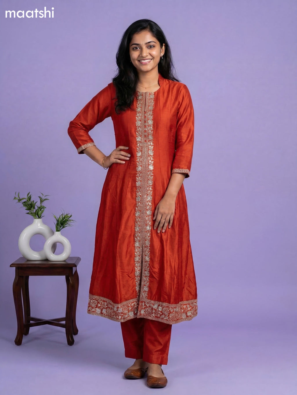 Orange Semi Tussar Sequin Work Neck Pattern Anarkali Suit