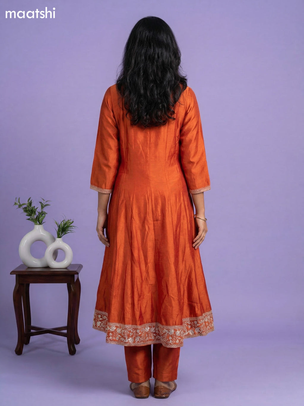 Orange Semi Tussar Sequin Work Neck Pattern Anarkali Suit