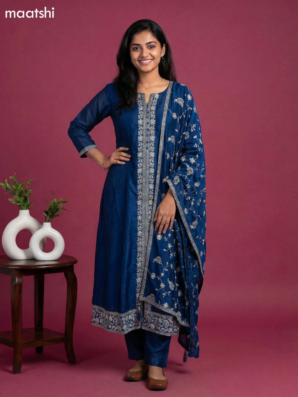 Blue Semi Tussar Sequin Work Neck Pattern Anarkali Suit