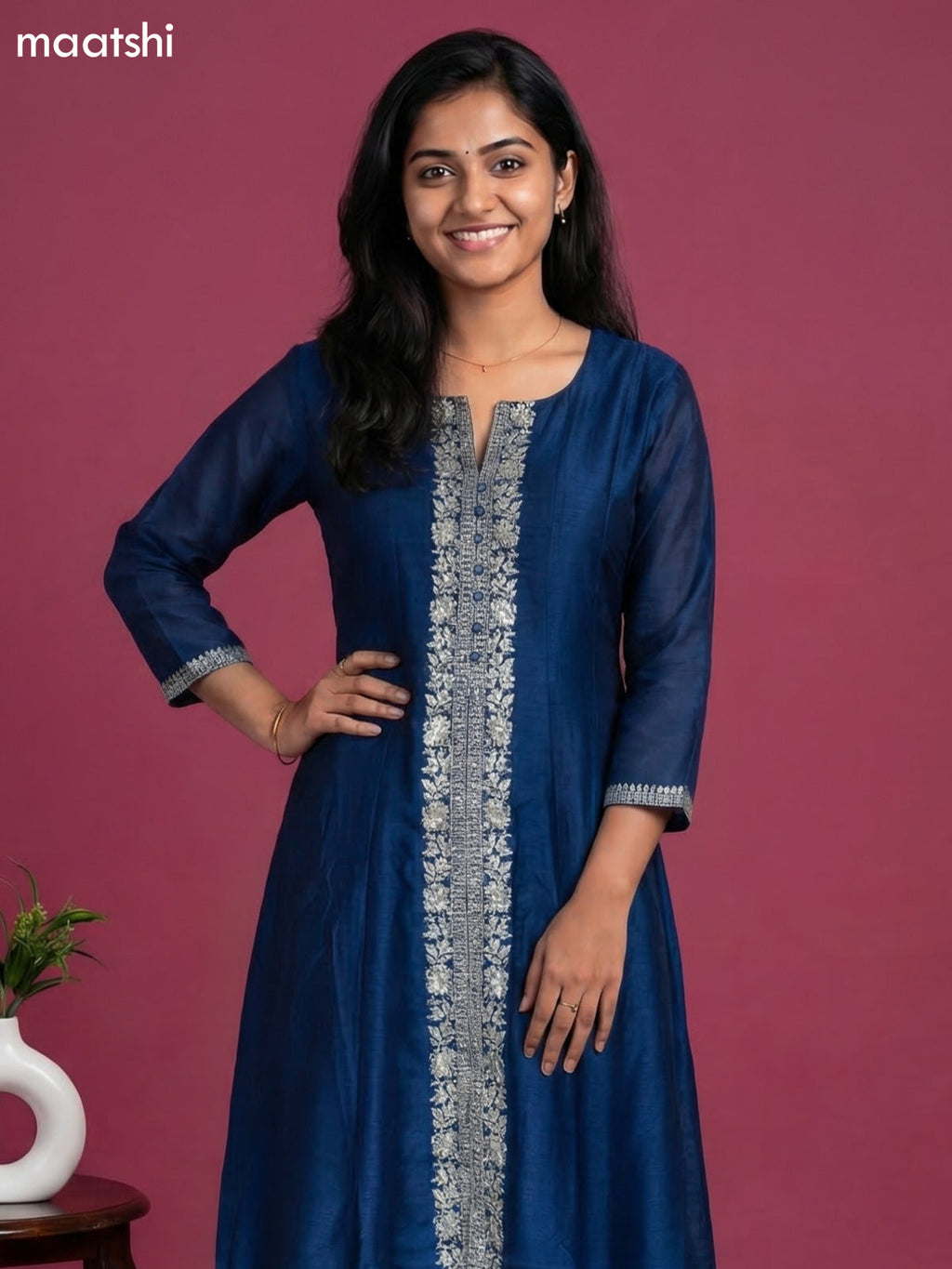 Blue Semi Tussar Sequin Work Neck Pattern Anarkali Suit