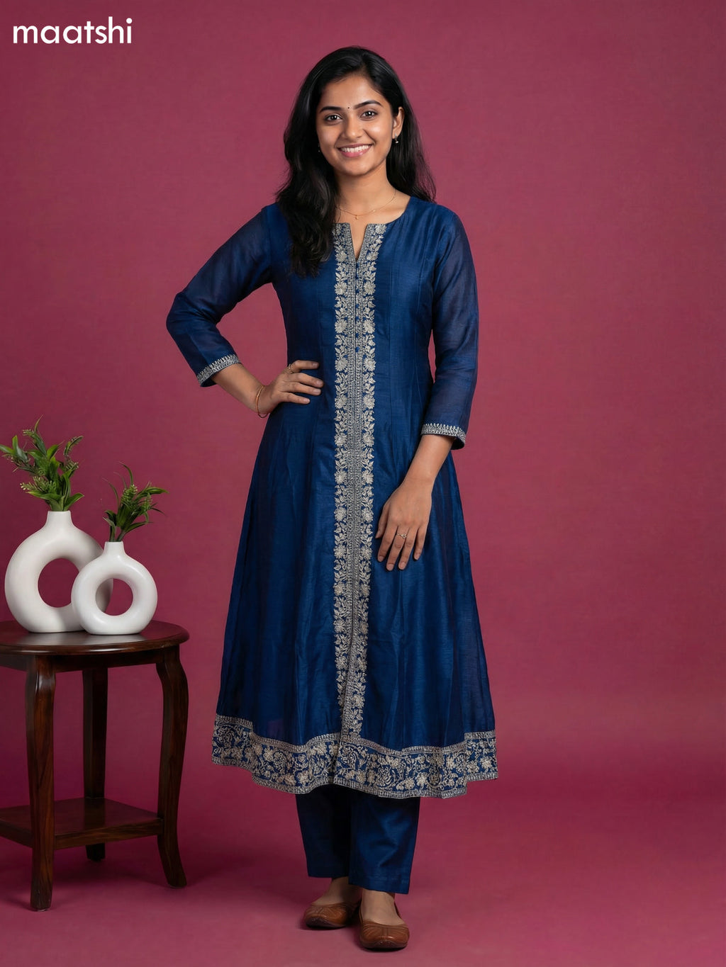 Blue Semi Tussar Sequin Work Neck Pattern Anarkali Suit
