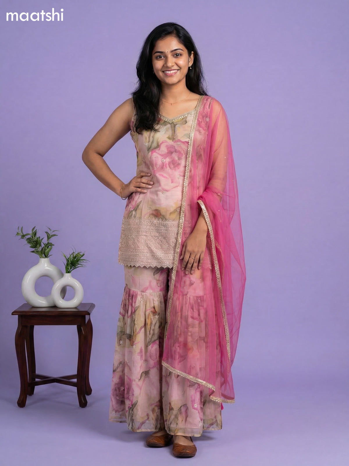 Beige and Pink Tissue Floral Printed Embroidery Work & With Sleeve Attached Short Suit