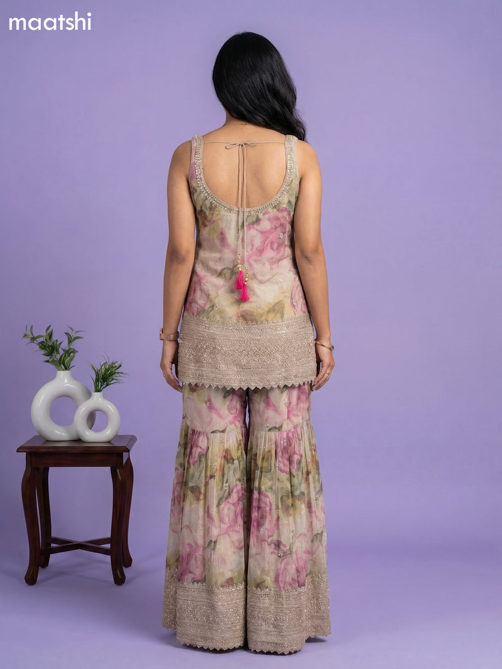 Beige and Pink Tissue Floral Printed Embroidery Work & With Sleeve Attached Short Suit