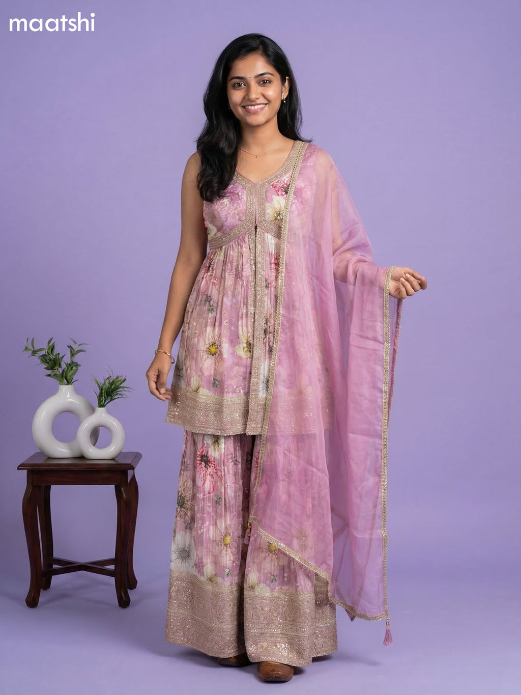 Pastel Pink Tissue Floral Printed Embroidery Work & With Sleeve Attached Short Suit