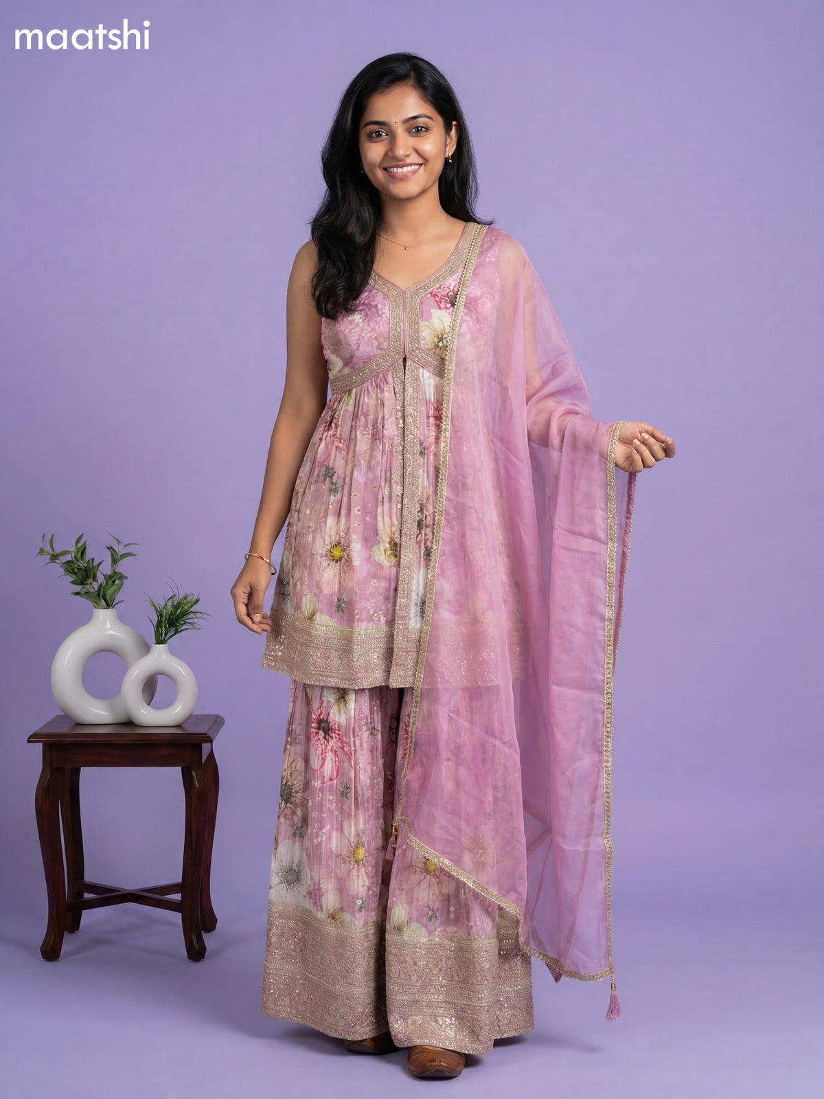 Pastel Pink Tissue Floral Printed Embroidery Work & With Sleeve Attached Short Suit