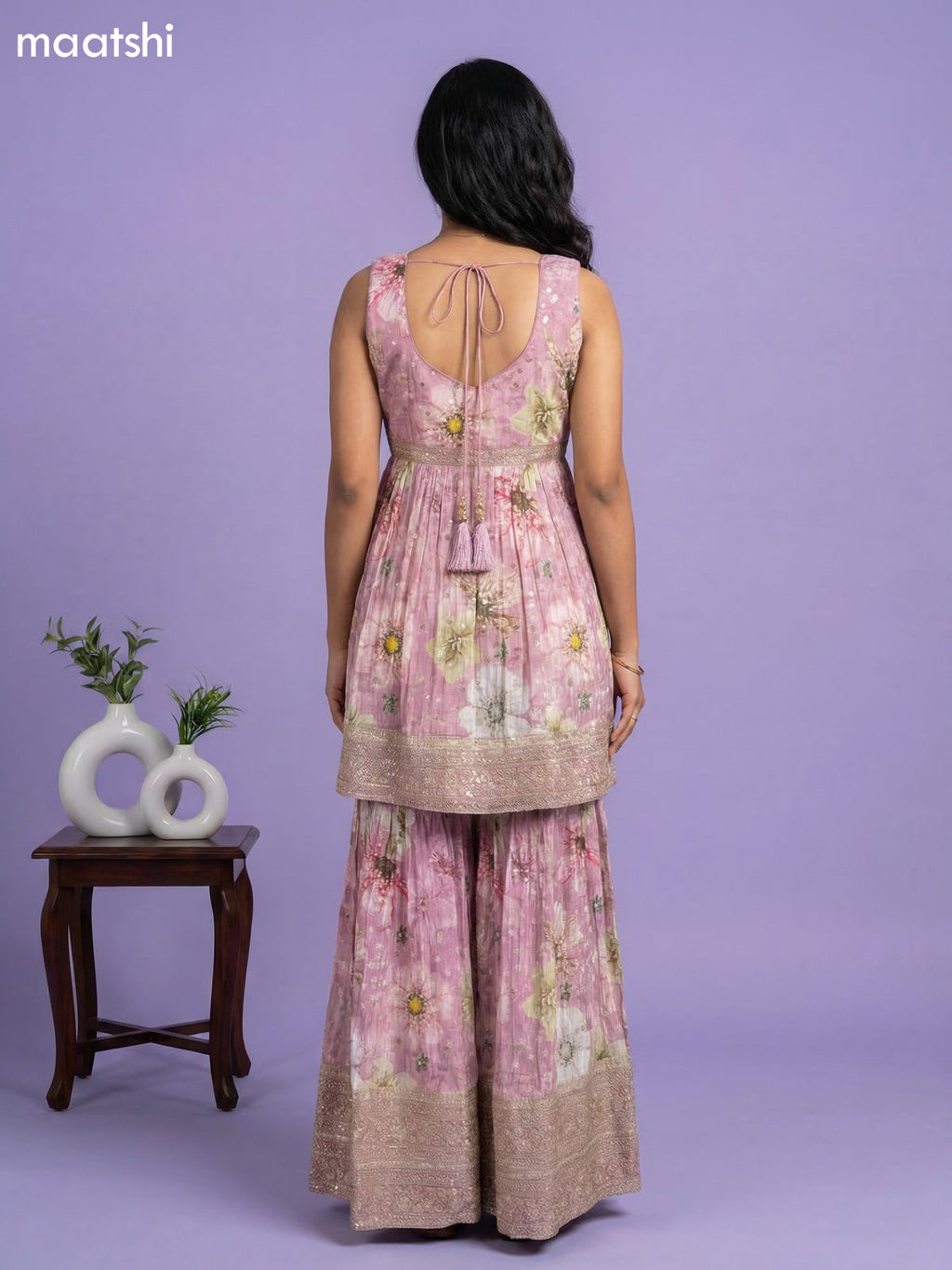 Pastel Pink Tissue Floral Printed Embroidery Work & With Sleeve Attached Short Suit