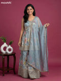 Pastel Blue Tissue Floral Printed Embroidery Work & With Sleeve Attached Short Suit