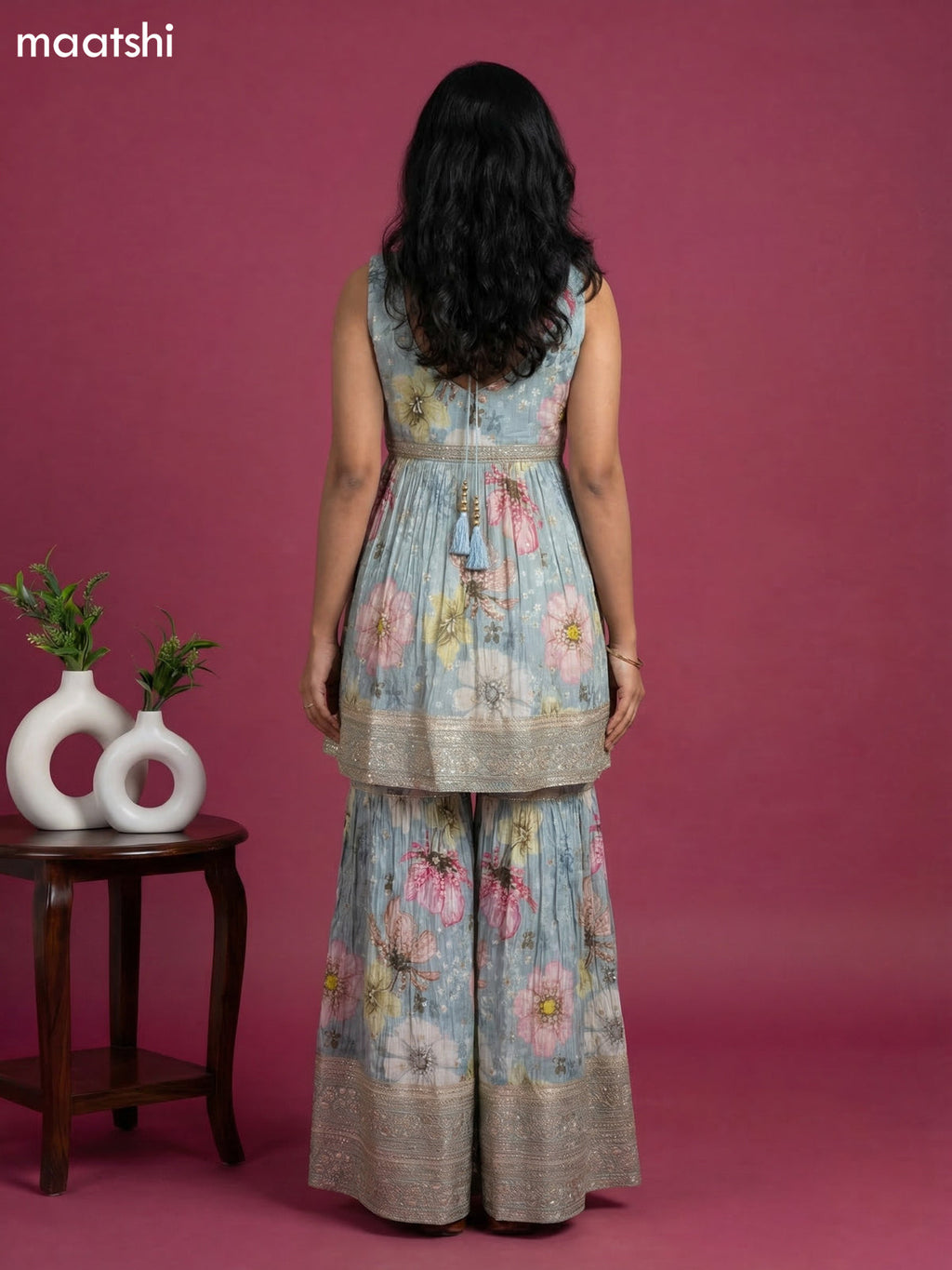 Pastel Blue Tissue Floral Printed Embroidery Work & With Sleeve Attached Short Suit