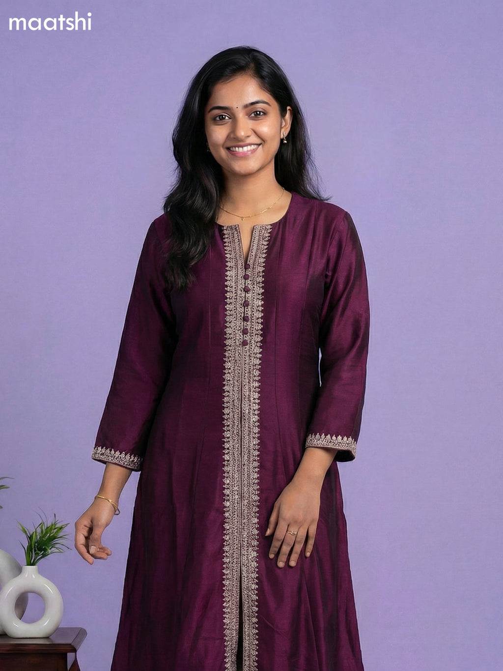 Deep Wine Semi Tussar Sequin Work Neck Pattern Anarkali Suit