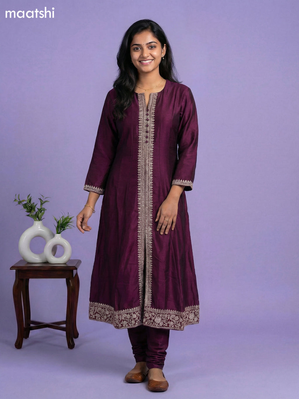 Deep Wine Semi Tussar Sequin Work Neck Pattern Anarkali Suit