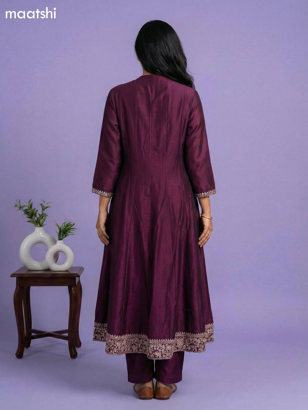 Deep Wine Semi Tussar Sequin Work Neck Pattern Anarkali Suit