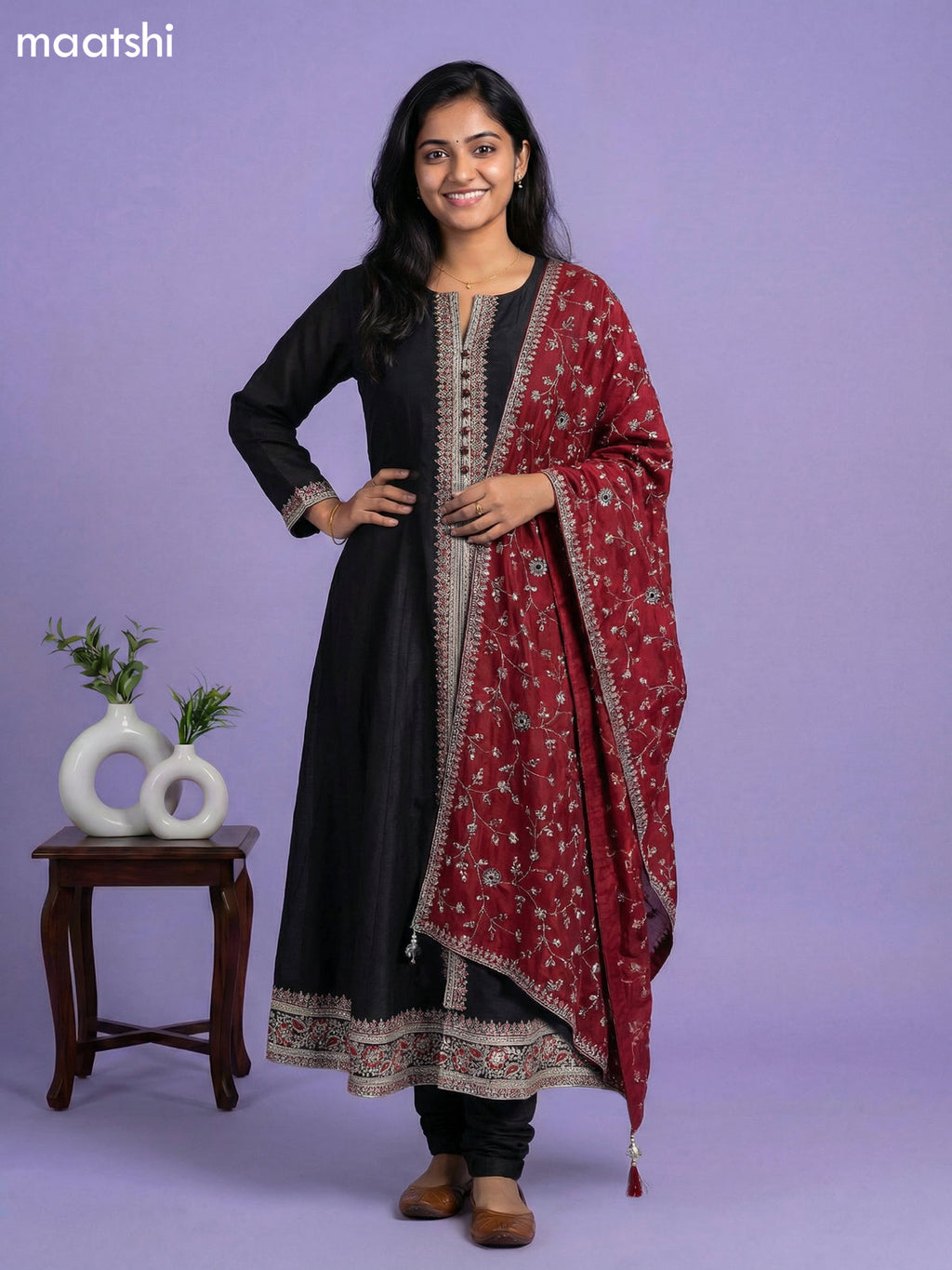 Black and Maroon Semi Tussar Sequin Work Neck Pattern Anarkali Suit