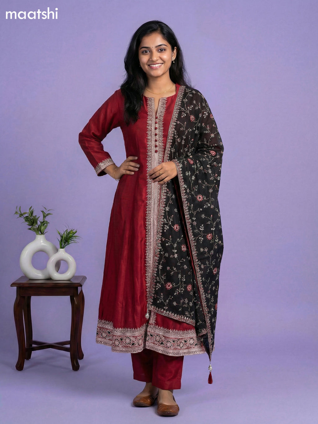 Maroon and Balck Semi Tussar Sequin Work Neck Pattern Anarkali Suit