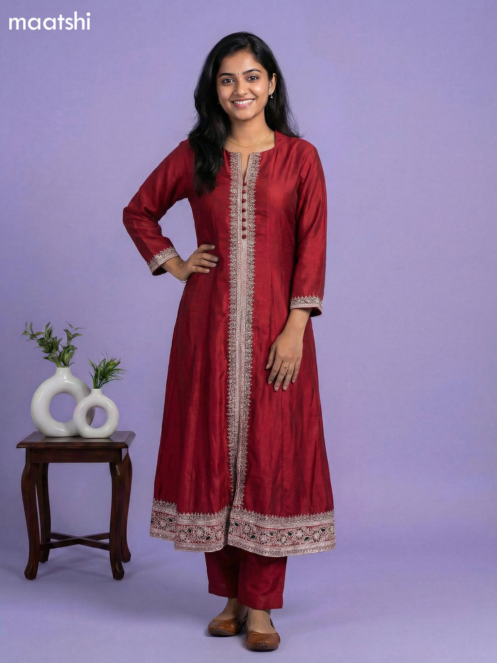Maroon and Balck Semi Tussar Sequin Work Neck Pattern Anarkali Suit