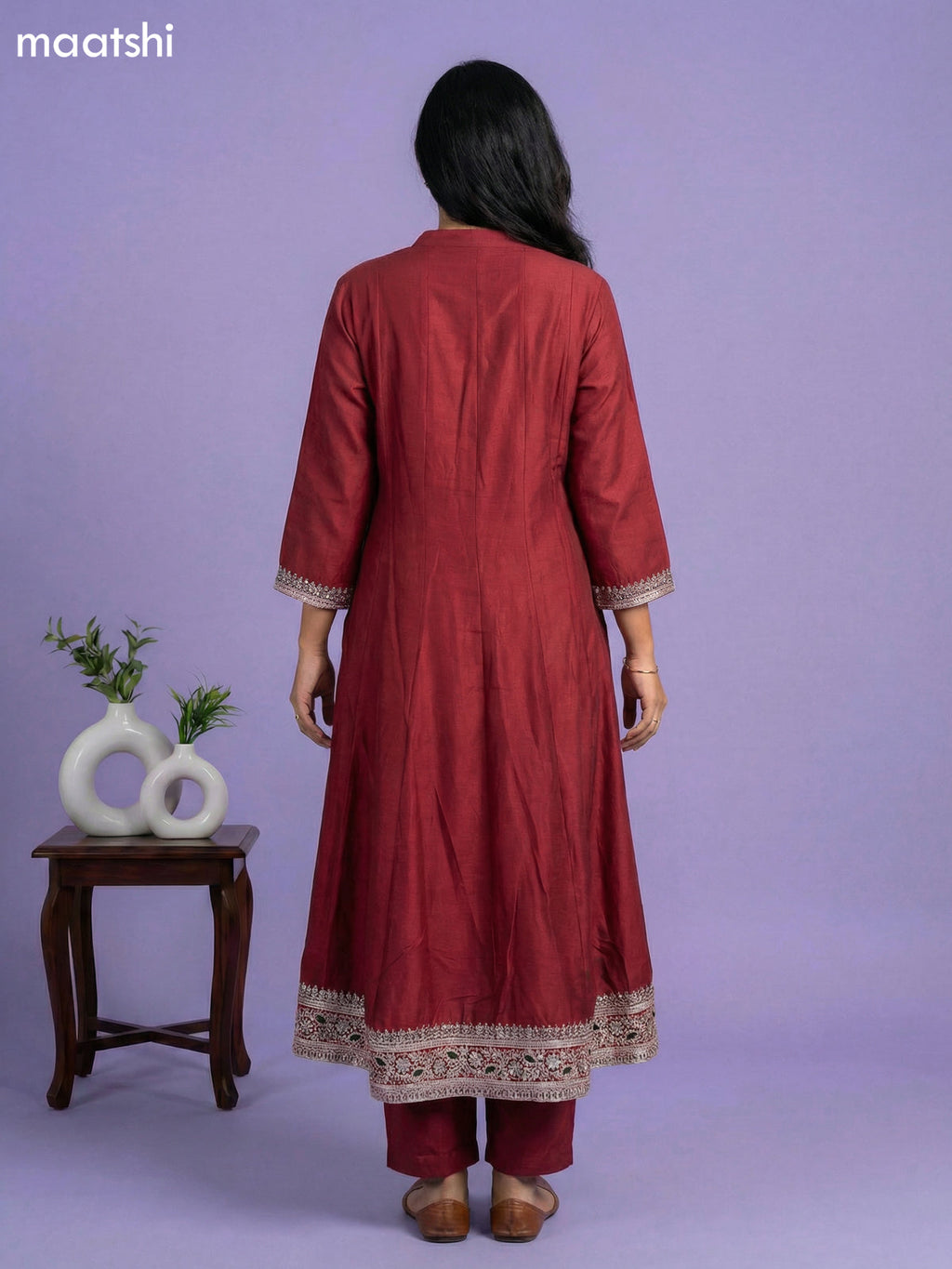 Maroon and Balck Semi Tussar Sequin Work Neck Pattern Anarkali Suit