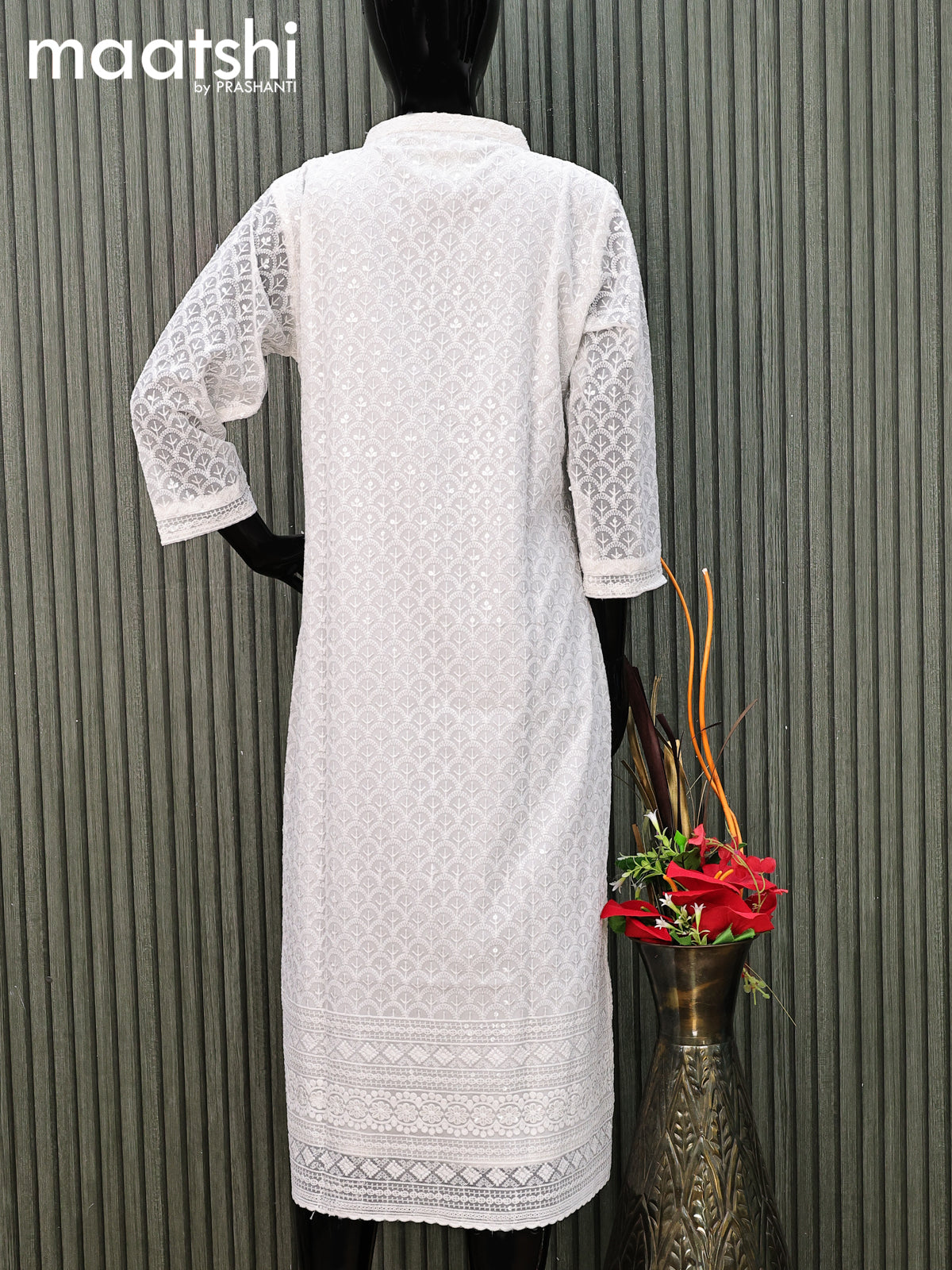 Semi georgette readymade kurti off white with allover chikankari work without pant