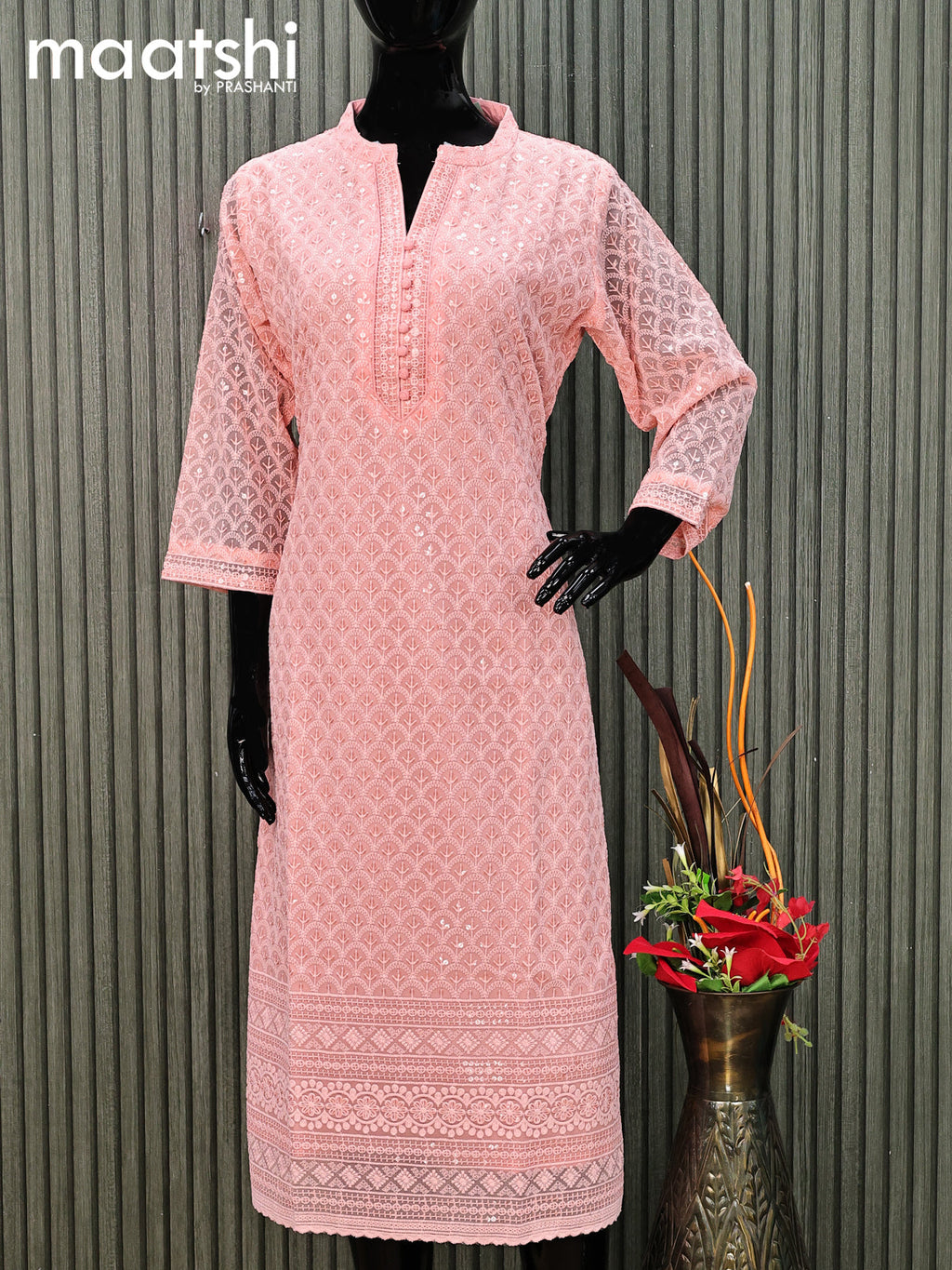 Semi georgette readymade kurti peach shade with allover chikankari work without pant