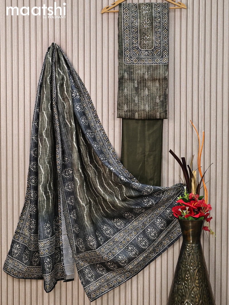 Tussar dress material sap green and grey with allover butta prints & mirror work neck pattern and bottom & tussar dupatta