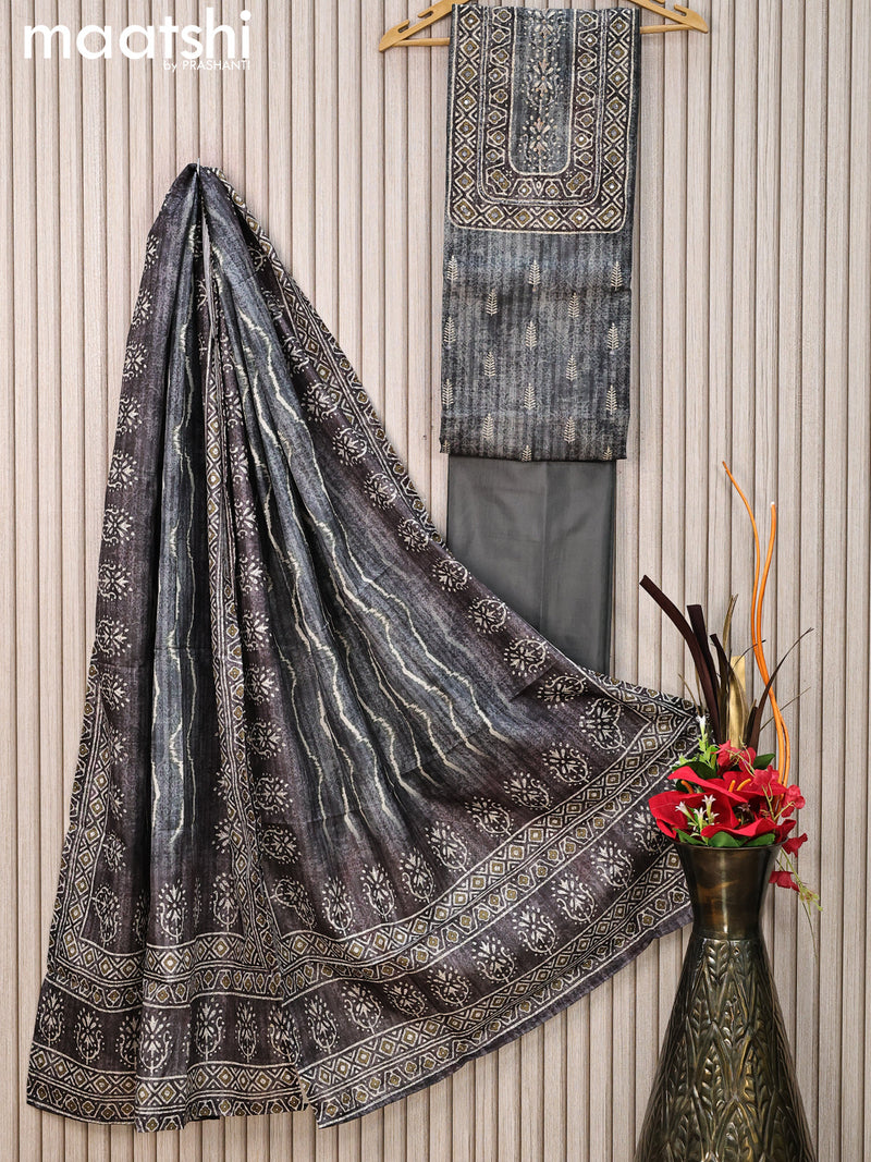 Tussar dress material grey shade with allover butta prints & mirror work neck pattern and bottom & tussar dupatta