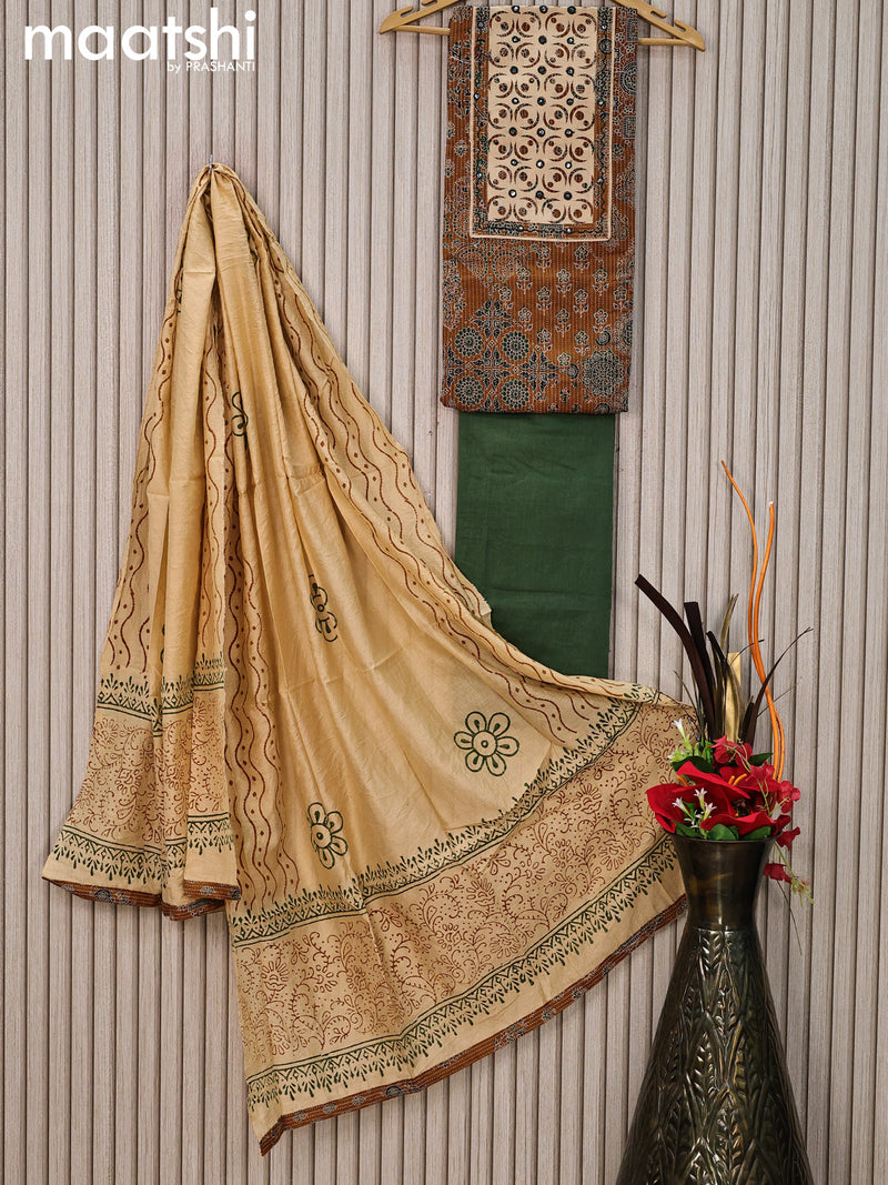 Cotton dress material dark mustard and sandal with allover thread weaves & ajrakh prints and bottom & tussar dupatta