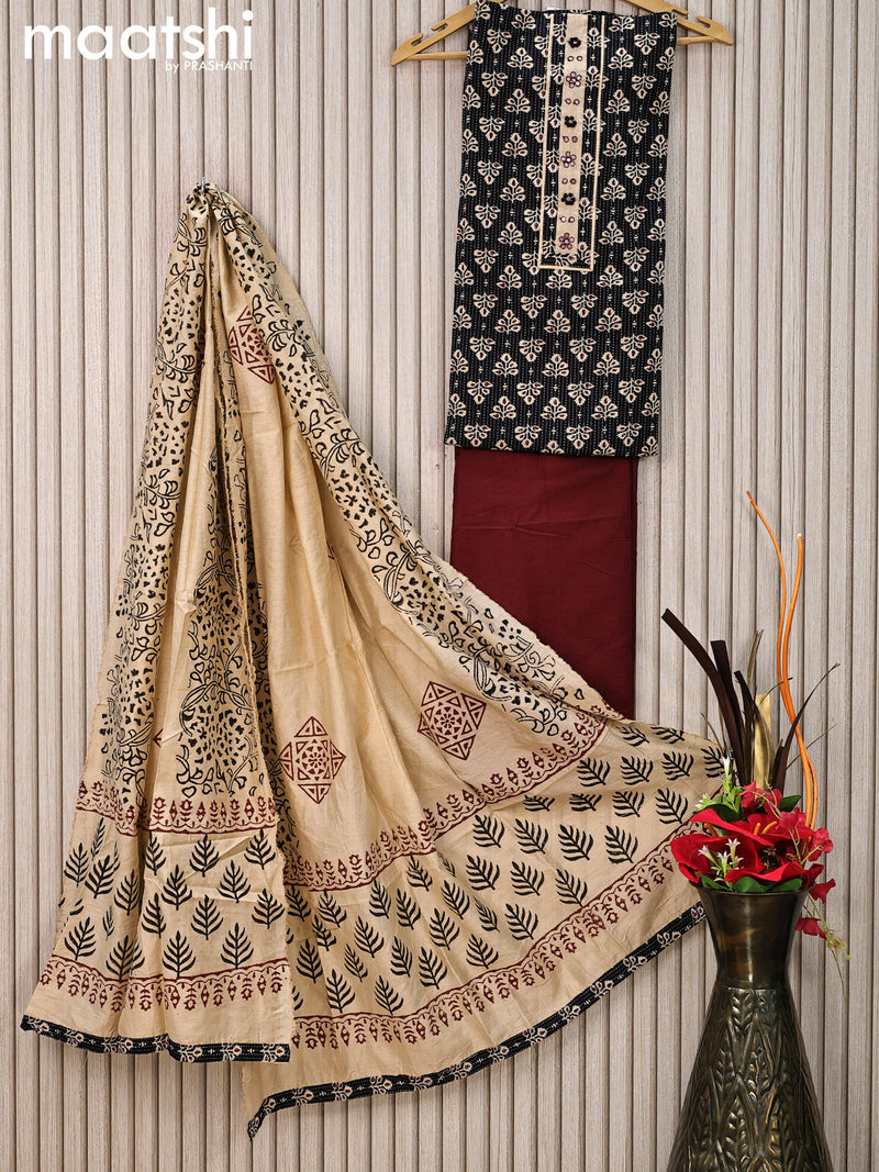 Cotton dress material black and maroon with allover thread weaves & butta prints and bottom & tussar dupatta