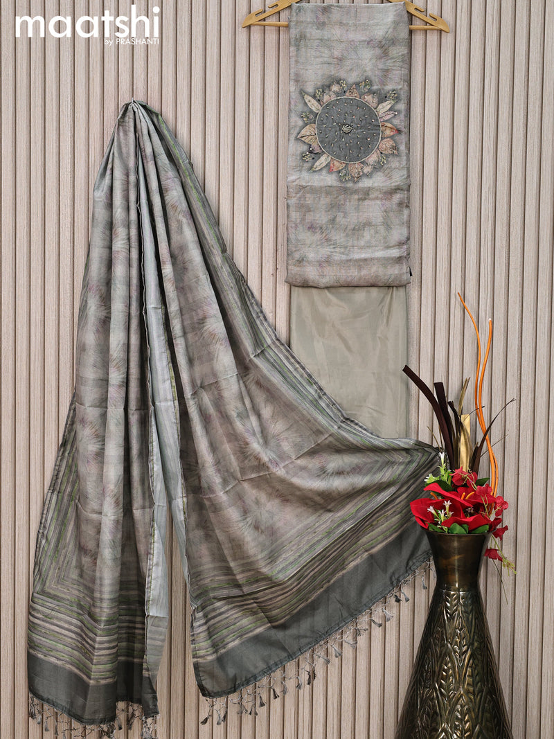 Chanderi dress material grey shade with floral prints & embroidery work and bottom & dupatta