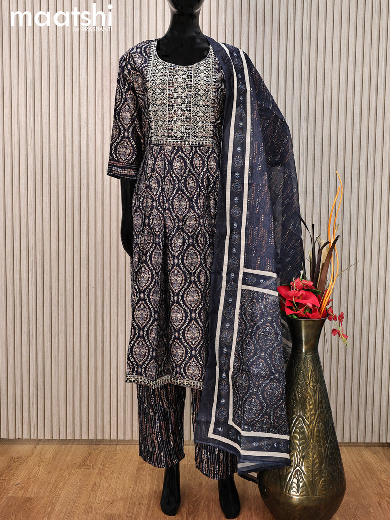 Modal readymade salwar suit navy blue with allover ajrakh prints & sequin work neck pattern and straight cut pant & printed dupatta