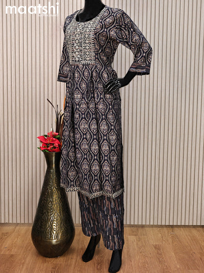 Modal readymade salwar suit navy blue with allover ajrakh prints & sequin work neck pattern and straight cut pant & printed dupatta