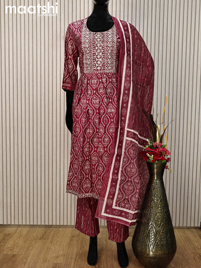 Modal readymade salwar suit maroon with allover ajrakh prints & sequin work neck pattern and straight cut pant & printed dupatta