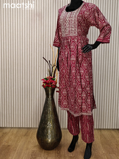 Modal readymade salwar suit maroon with allover ajrakh prints & sequin work neck pattern and straight cut pant & printed dupatta