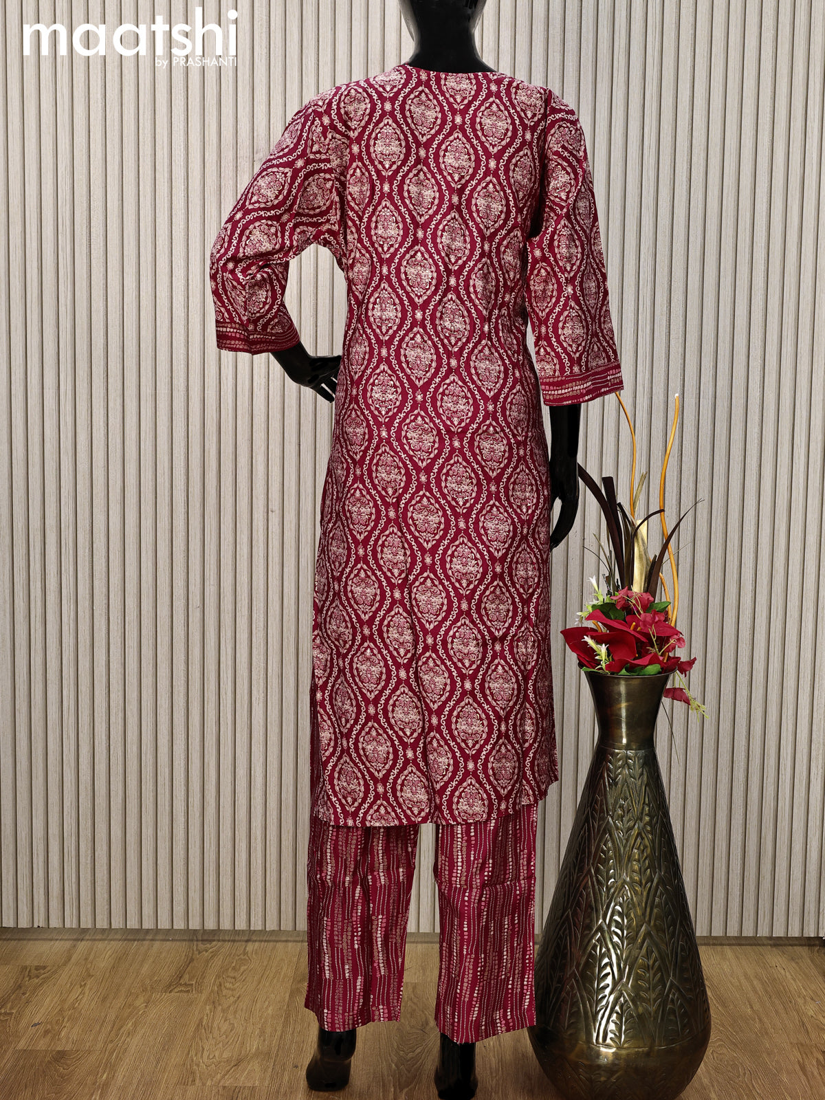 Modal readymade salwar suit maroon with allover ajrakh prints & sequin work neck pattern and straight cut pant & printed dupatta